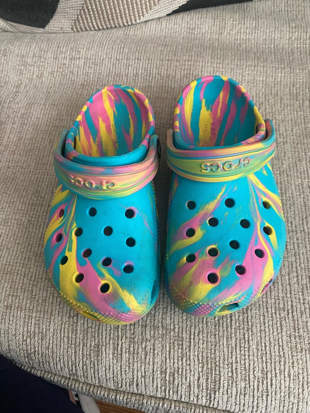 CROCS Kids Teal Tie-Dye Clog with Pink and Yellow Swirl